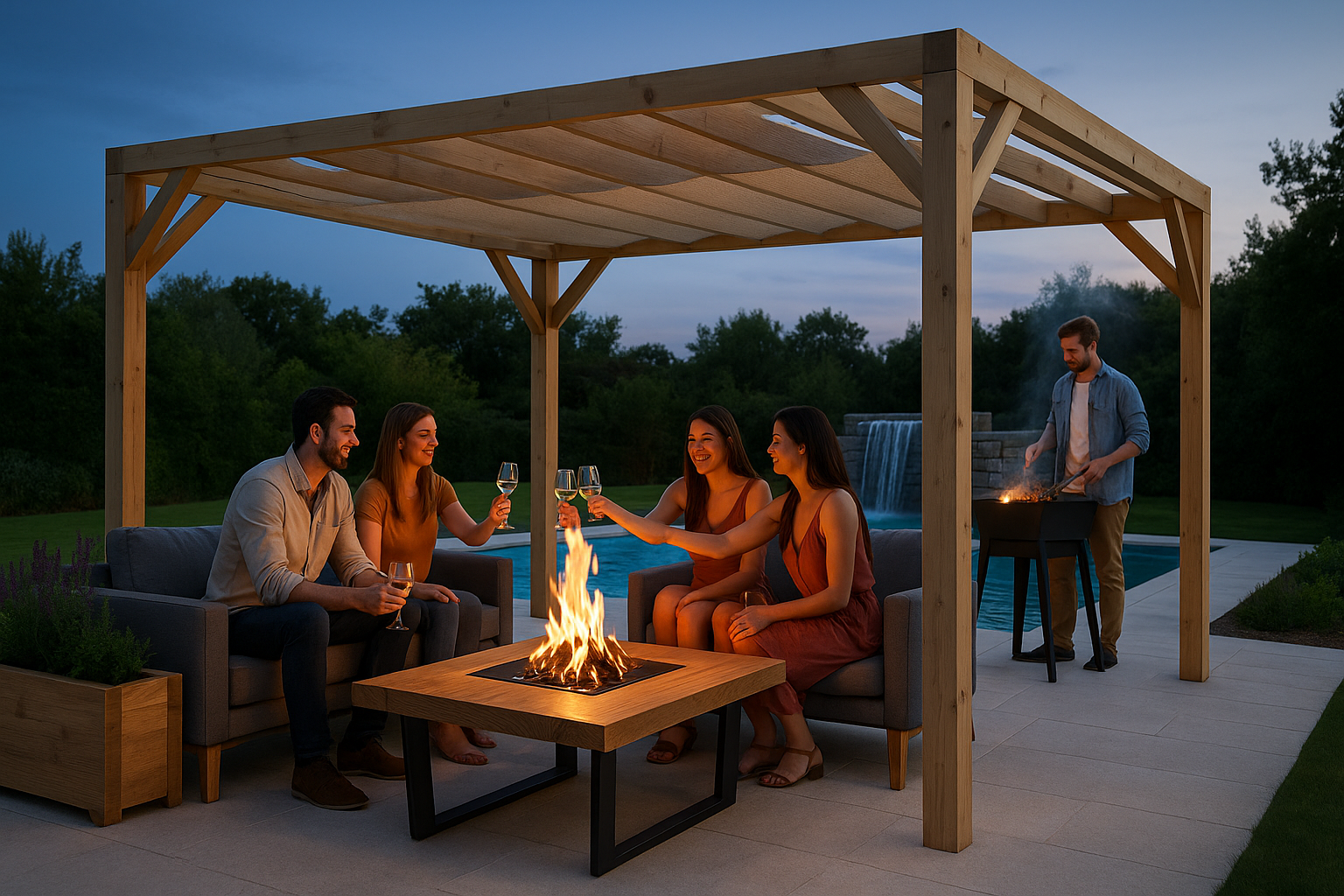 Pergola Brasero Table Aménagement extérieur pour hôtel ou gîte : pergola bois, brasero design, terrasse en pierre et piscine avec cascade – projet personnalisé avec plans 3D par Armandou